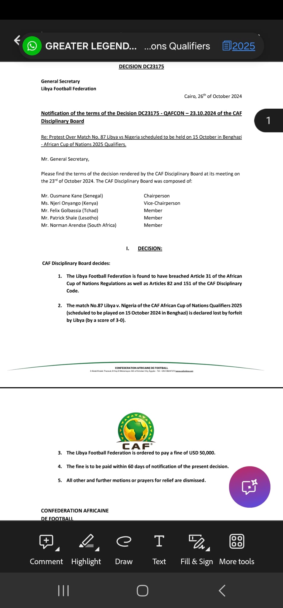 Botched AFCON qualifier: CAF axes Libya, awards three points, three goals to Nigeria ..orders LFF to pay $50,000 within 60 days