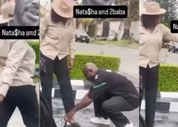 Social media on fire, as Hon. Natasha seen commanding 2face to put on her shoe and hold her bag