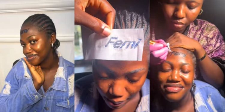 Lady gets permanent tattoo of boyfriend’s name ‘Femi’ on her forehead