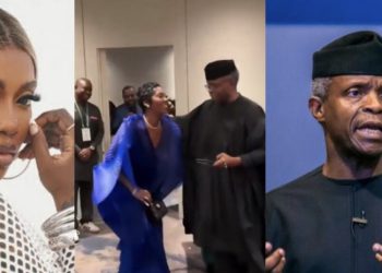 PHOTO: Singer, Tiwa Savage shows home training, knees to greet former Vice President