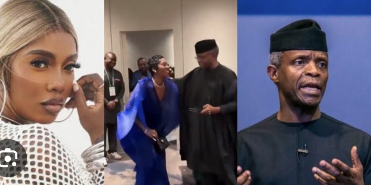 PHOTO: Singer, Tiwa Savage shows home training, knees to greet former Vice President