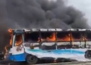 How Angry Mob Sets BRT Bus Ablaze After It Crushed A Bike Man To Death In Lagos
