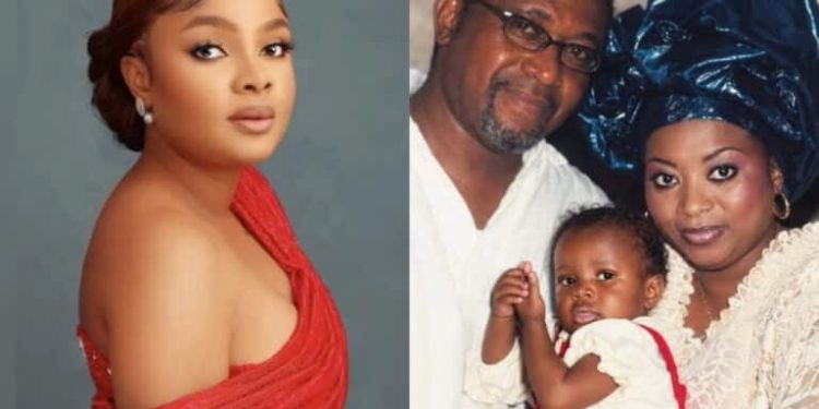 Actress Bimbo Ademoye pokes fun at herself as she shares baby picture with her Nollywood parents